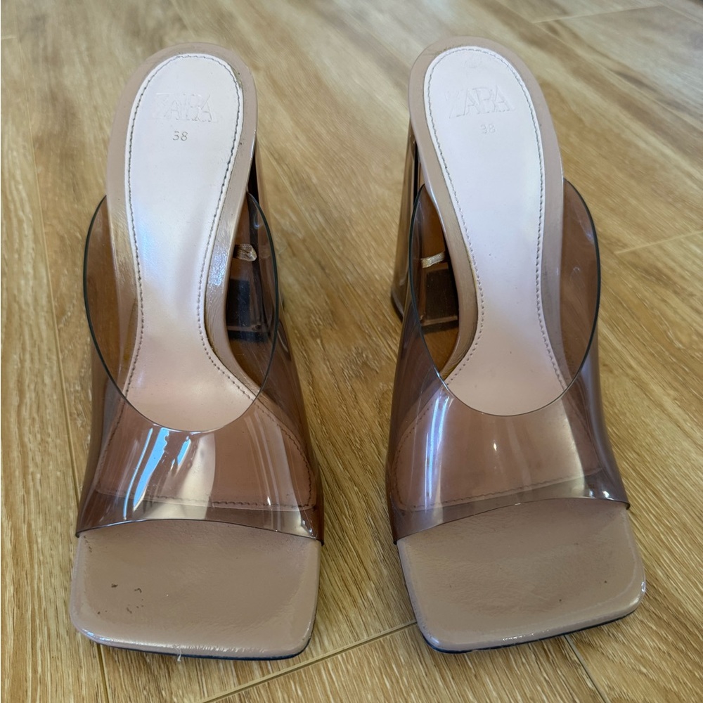 Zara Shoes Clear Heel Square Toe Sandals 38 Worn Once Tan